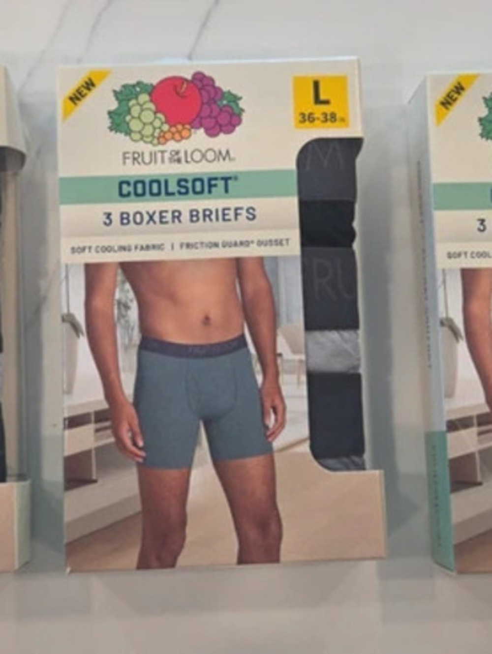 9 pairs of Fruit of the Loom boxer briefs, size large.